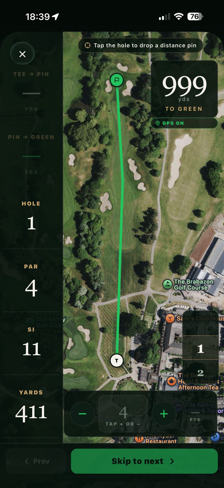 ParClub bird's-eye hole map with live distance to the green for every UK course.