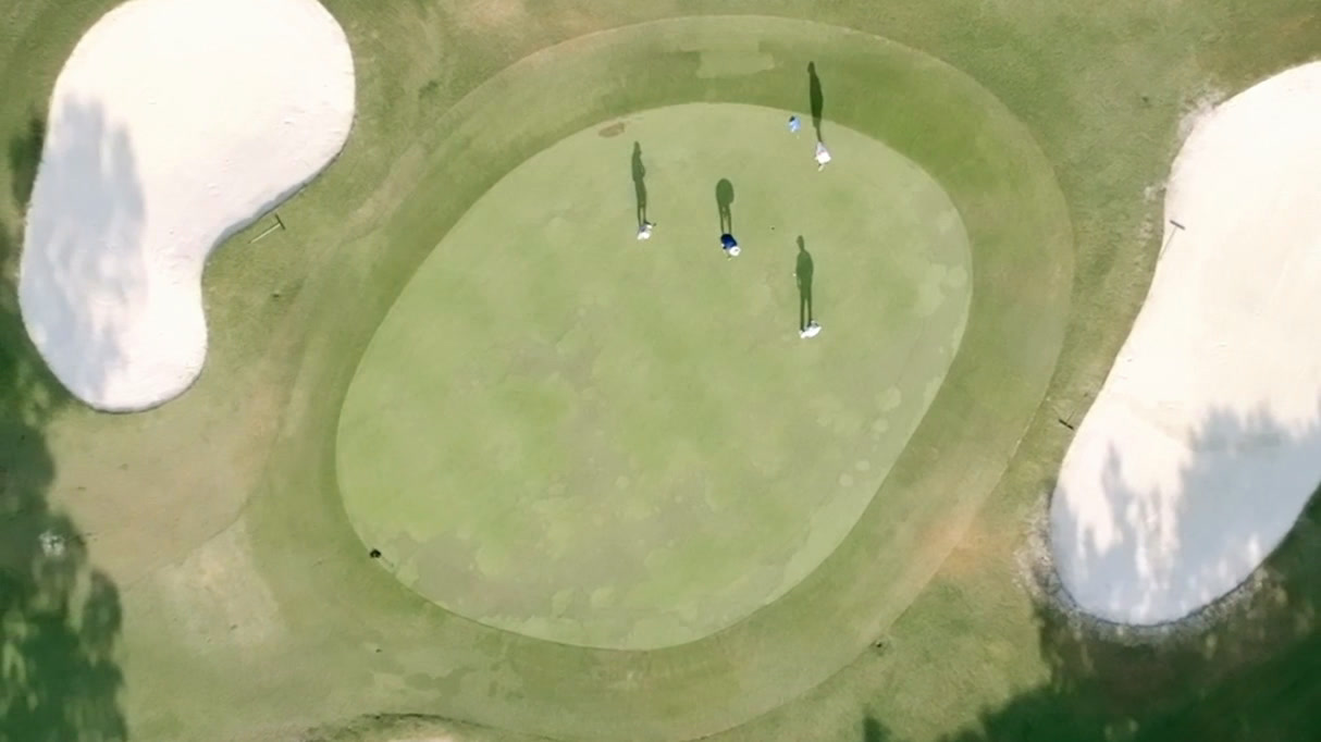 Four golfers putting on a green, seen from directly above, long shadows across the grass.