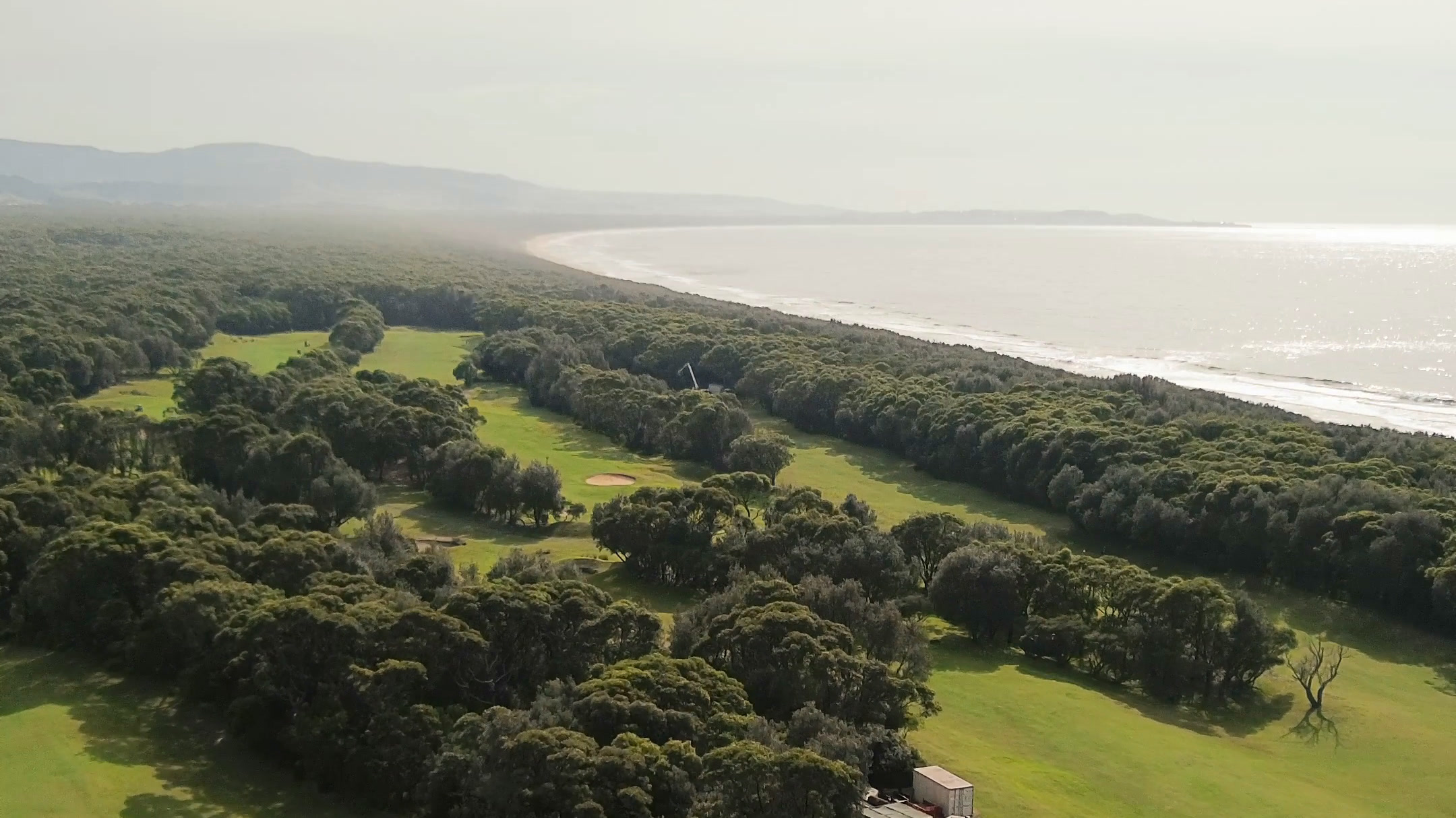 A seaside links course from the air, fairways and treelines running down to the beach.